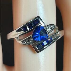 Vintage 10k solid white gold blue sapphire gemstone diamond accents bypass ring